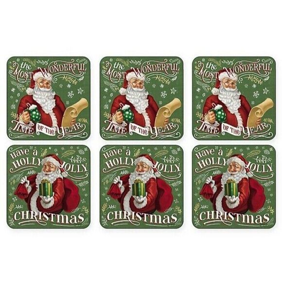 Pimpernel Santa Claus Coasters Set Of 6 Green Square Cork Back Holiday Christmas - Picture 1 of 3
